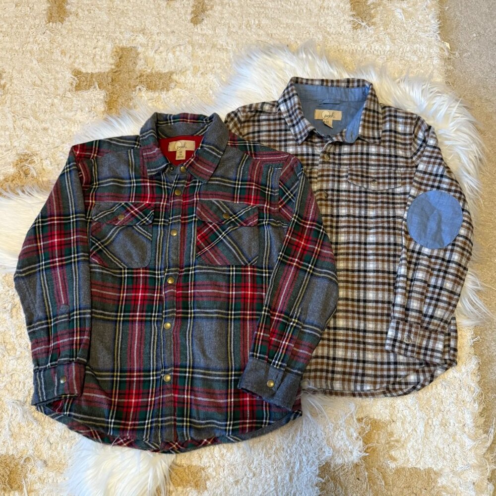 NWT Peek Red & Gray and Gray & Brown Plaid Lined Long Sleeve Shirt Bundle M 8